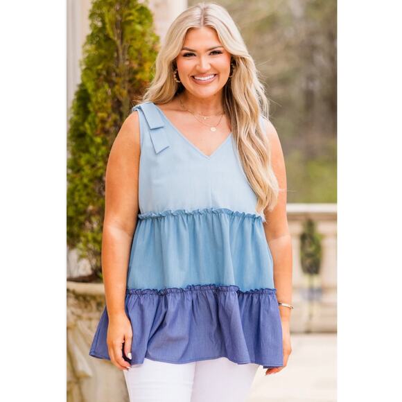 OTT Women’s Plus 2XL Chambray Blue Tiered Dress Sleeveless Bow Strap Boho Summer - Picture 1 of 9